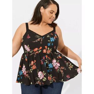 Torrid Black Red Blue Purple Floral Crochet Strap Peplum‎ Challis Tank Top 1X